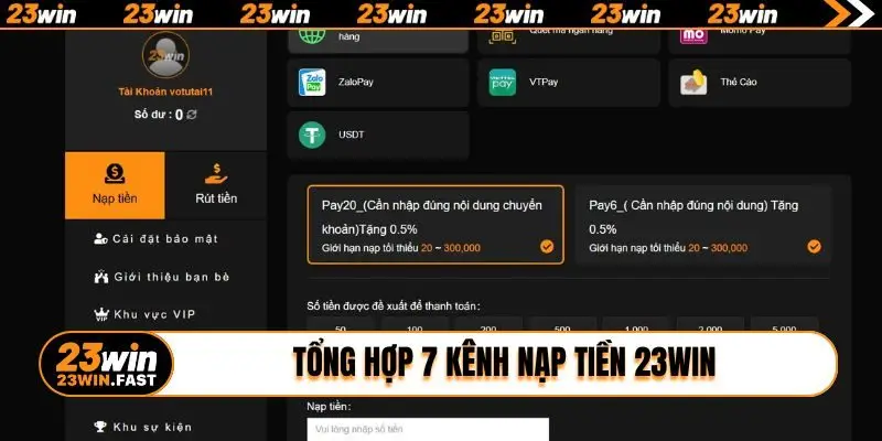 Tổng hợp 7 kênh nạp tiền 23WIN